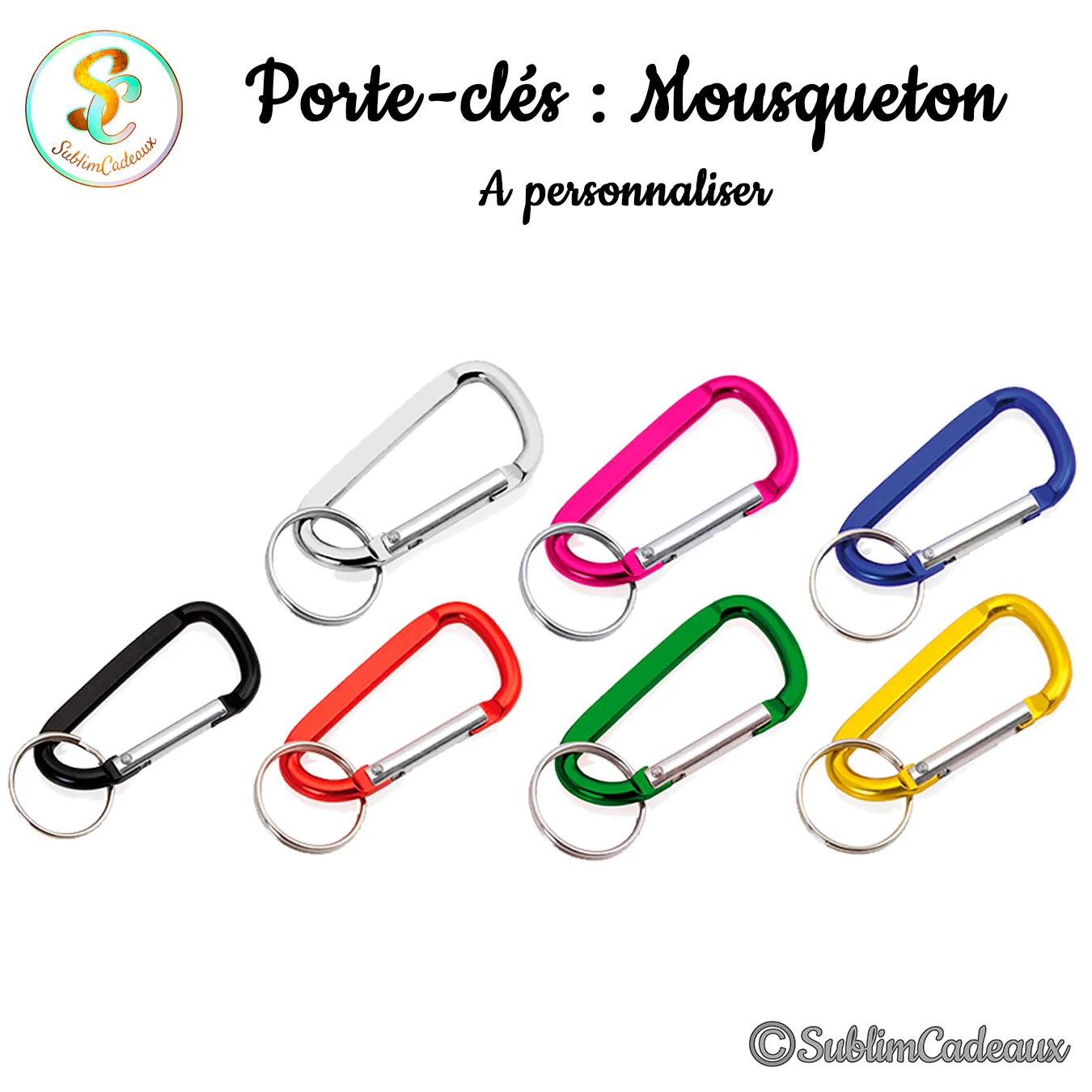 Porte-clés mousquetons en aluminium coloré, argent, rose, bleu, noir, rouge, vert et jaune