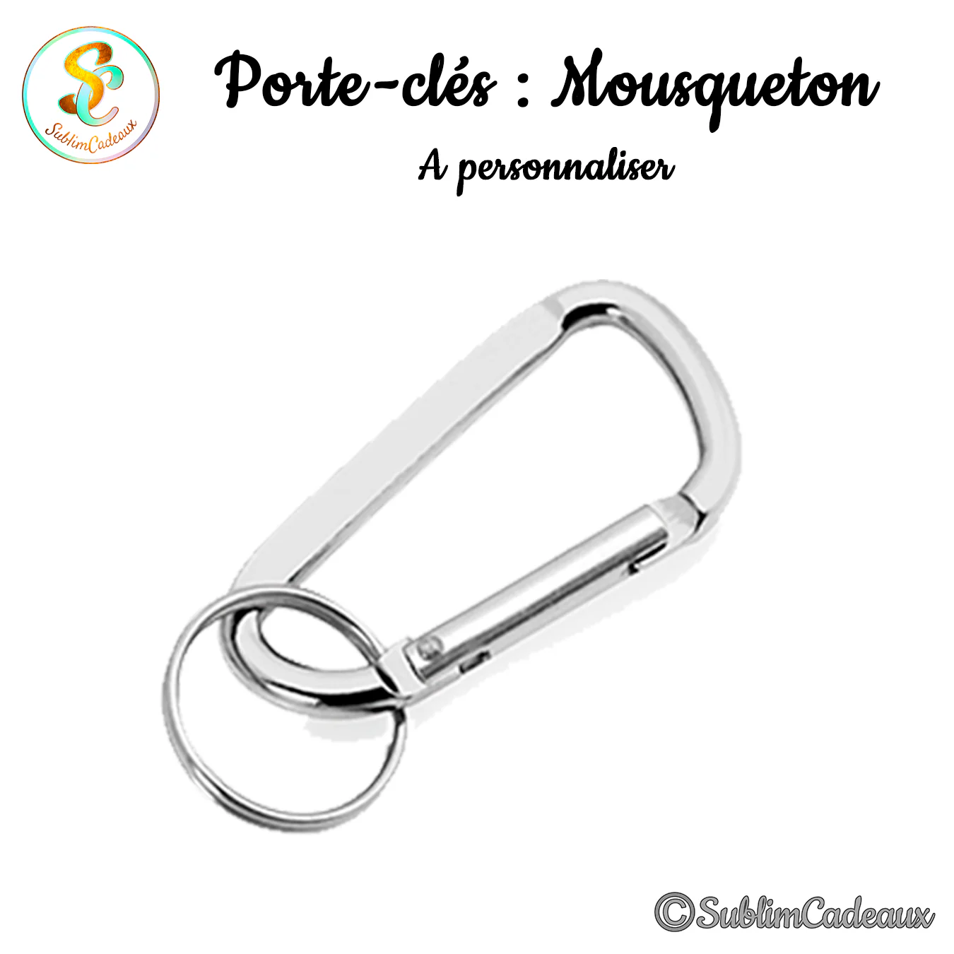 Porte-clés mousqueton à ressort en métal argenté brillant, avec anneau fendu porte-clés