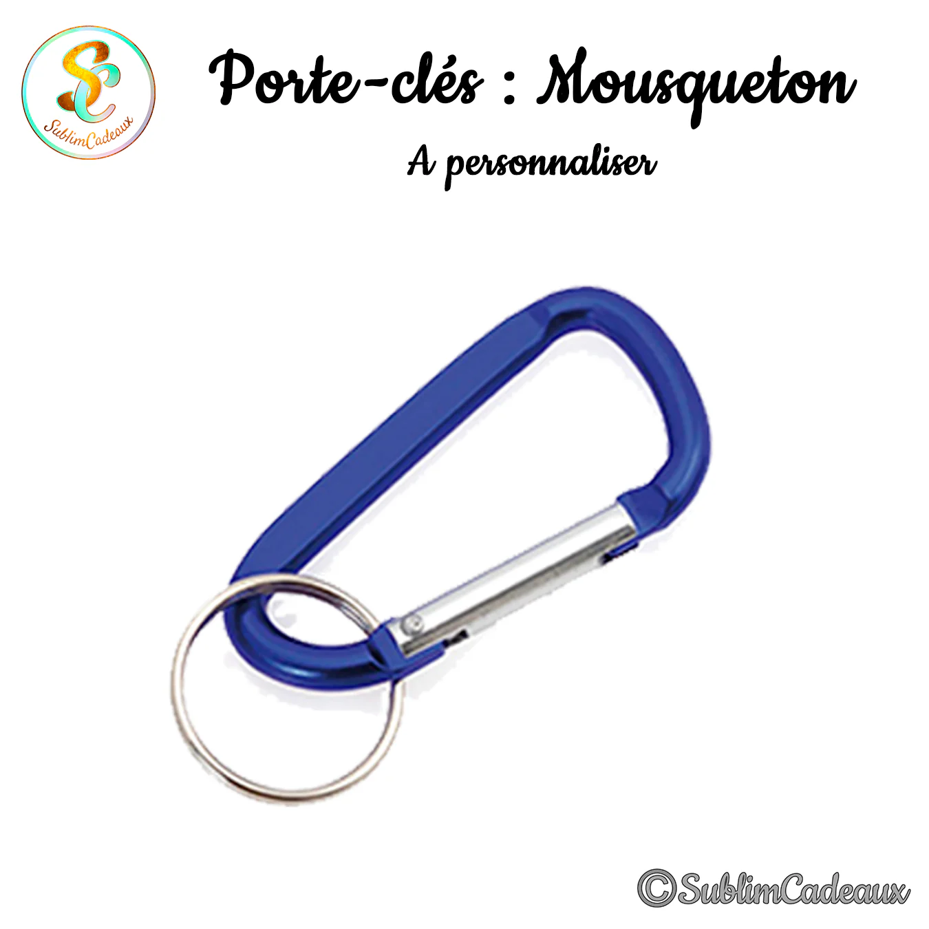 Porte-clés mousqueton à ressort en aluminium bleu brillant, avec anneau fendu argenté