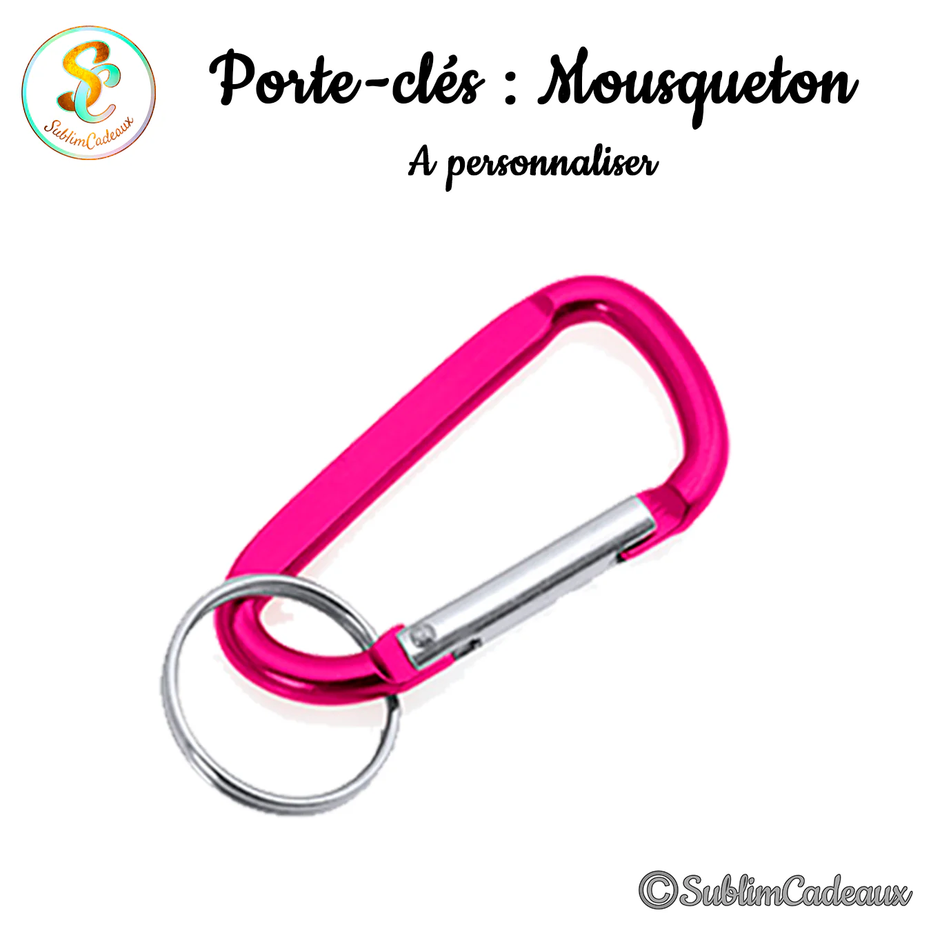 Porte-clés mousqueton à ressort en aluminium rose fuchsia, avec anneau fendu argenté