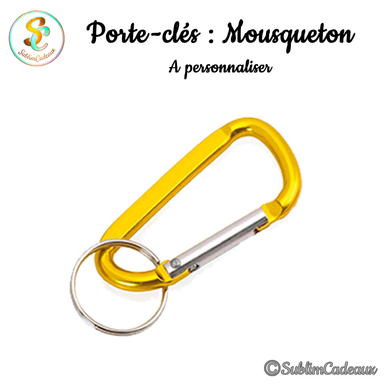 Porte-clés mousqueton à ressort en aluminium jaune doré, avec anneau fendu argenté