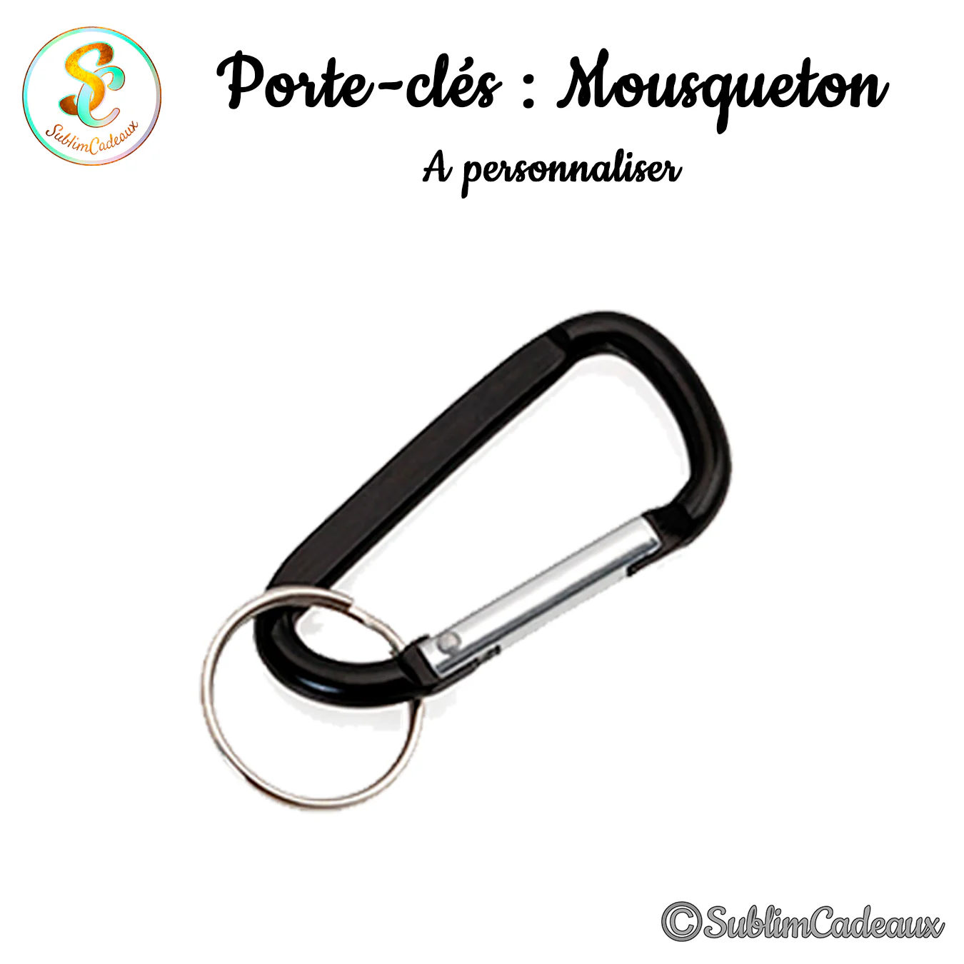 Porte-clés mousqueton à ressort en aluminium noir laqué, avec anneau fendu argenté