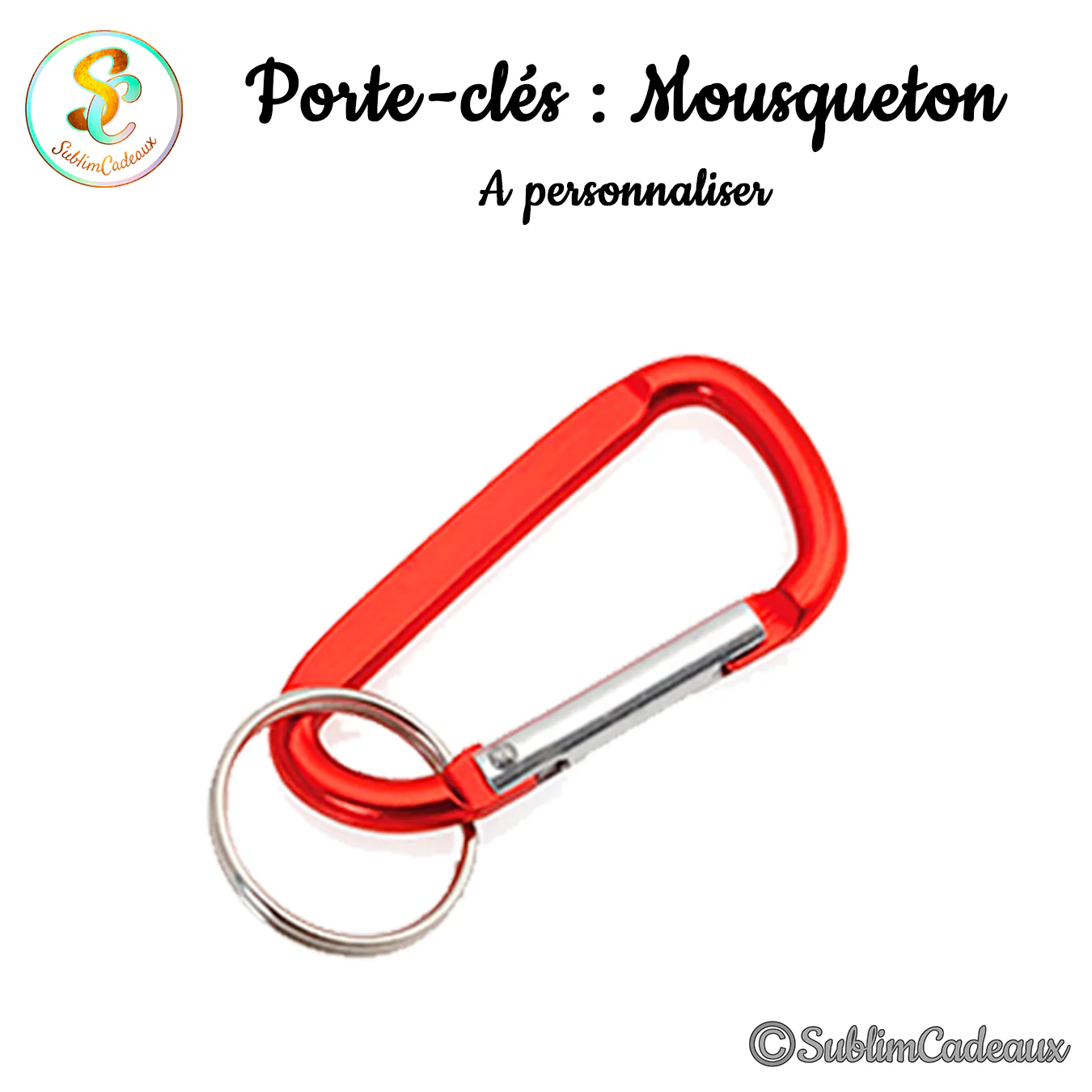Porte-clés mousqueton à ressort en aluminium rouge brillant, avec anneau fendu argenté