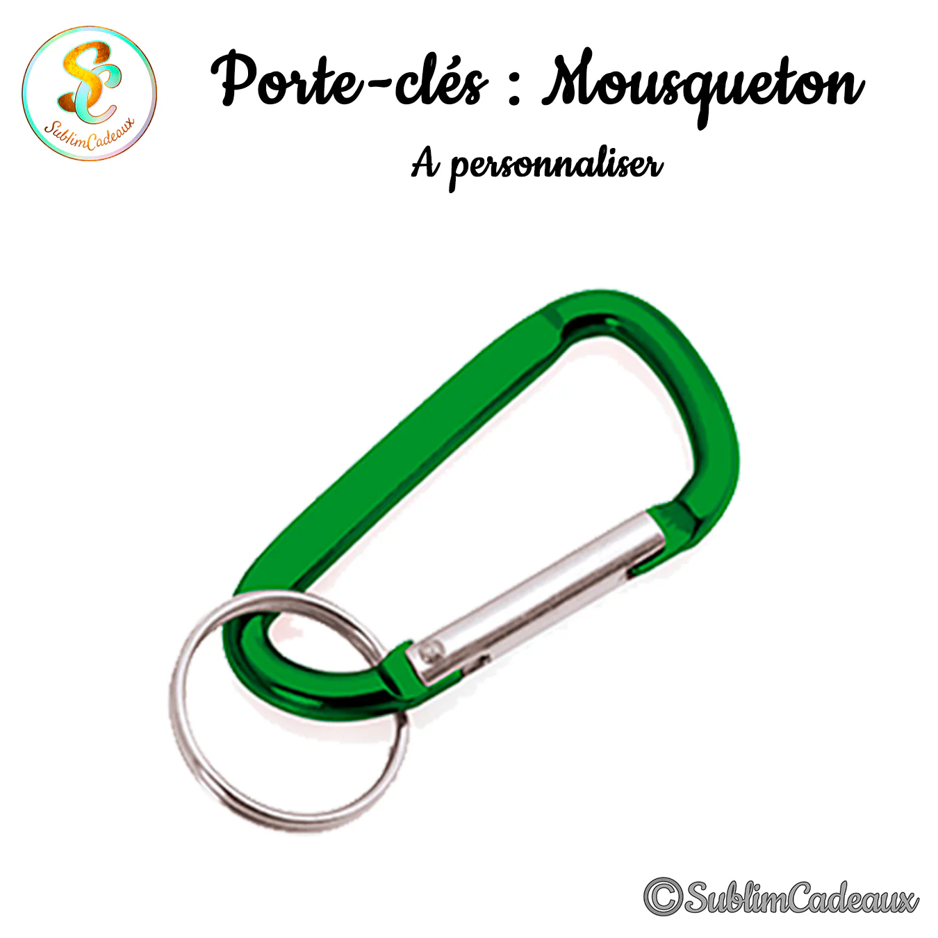 Porte-clés mousqueton à ressort en aluminium vert brillant, avec anneau fendu argenté