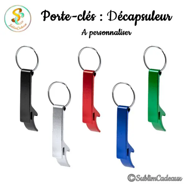 Porte-clés décapsuleurs en aluminium mat, coloris noir, argent, rouge, bleu et vert