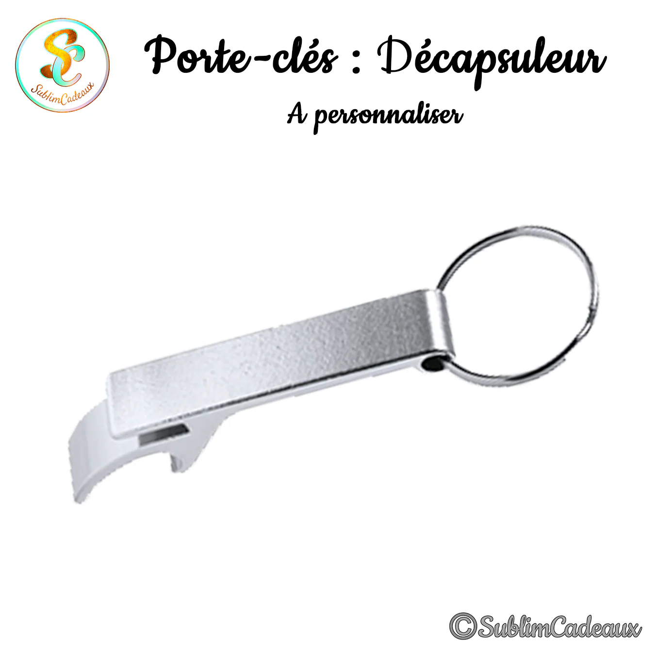 Porte-clés décapsuleur en métal argenté, tige allongée avec crochet ouvre-bouteille et anneau fendu