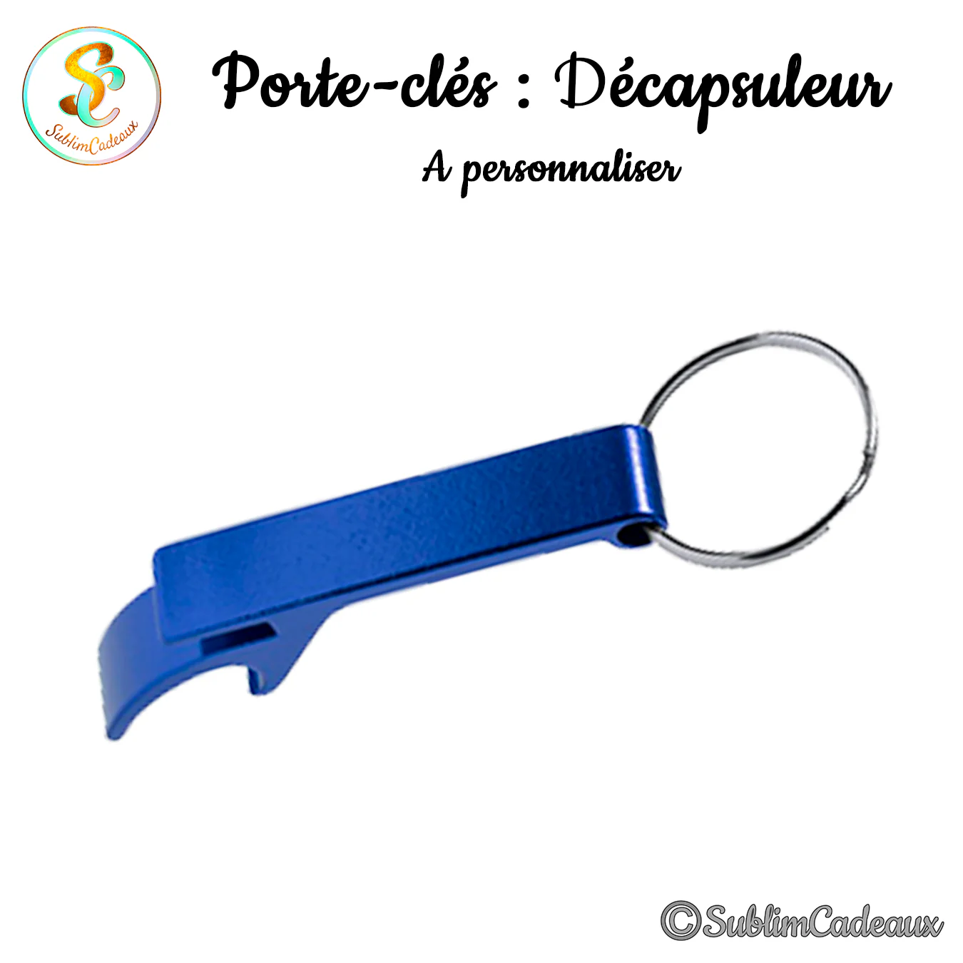 Porte-clés décapsuleur en métal bleu brillant avec anneau, petit ouvre-bouteille compact