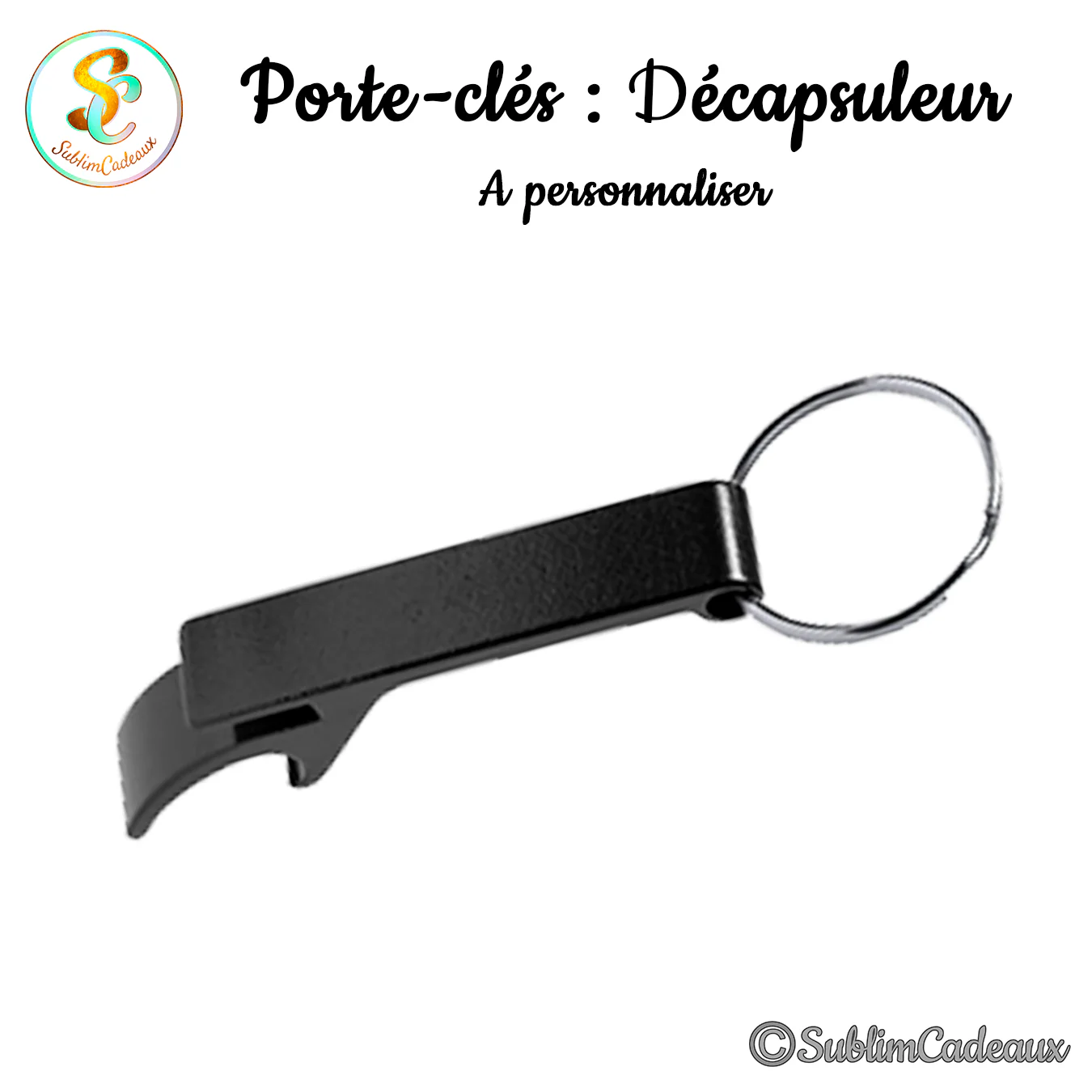 Décapsuleur porte-clés en métal noir avec anneau argenté, petit ouvre-bouteille de poche