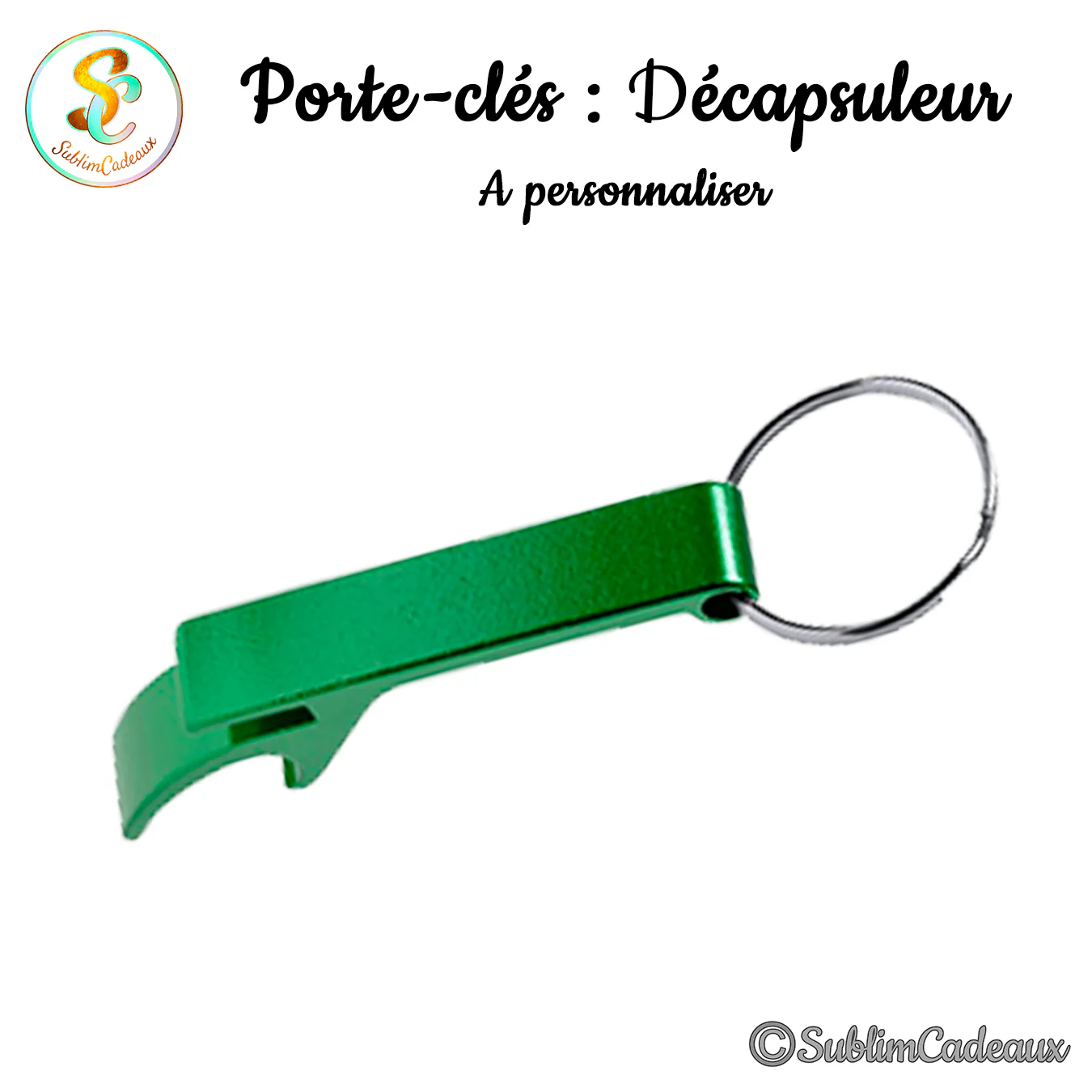 Porte-clés décapsuleur en métal vert brillant avec anneau, petit ouvre-bouteille