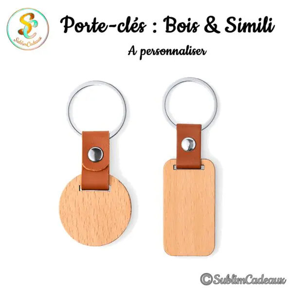 Porte-clés en bois clair à lanière simili cuir marron et bouton pression, modèles rond et rectangulaire