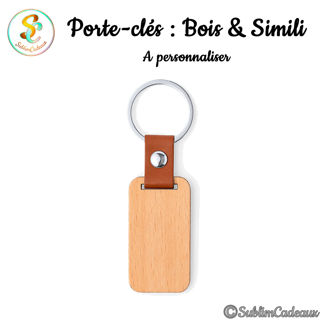 Porte-clés rectangulaire en bois clair, lanière en simili cuir marron et grand anneau métal