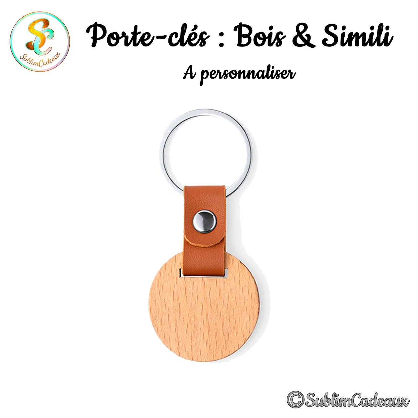 Porte-clés rond en bois clair avec lanière en simili cuir marron et anneau métallique