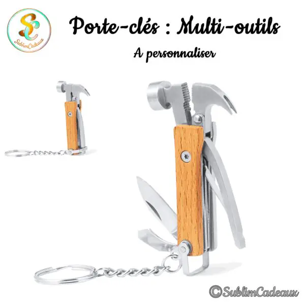 Porte-clés multi-outils pliable en forme de marteau, manche en bois clair et outils en métal