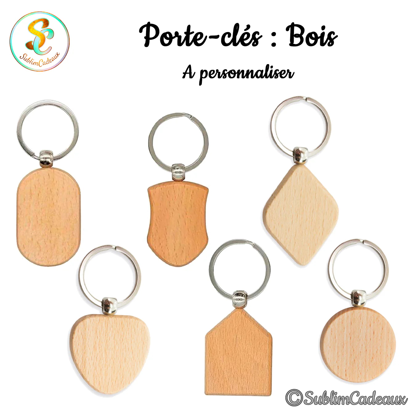 Porte-clés en bois clair de formes variées, ovale, blason, losange, coeur, maison et rond