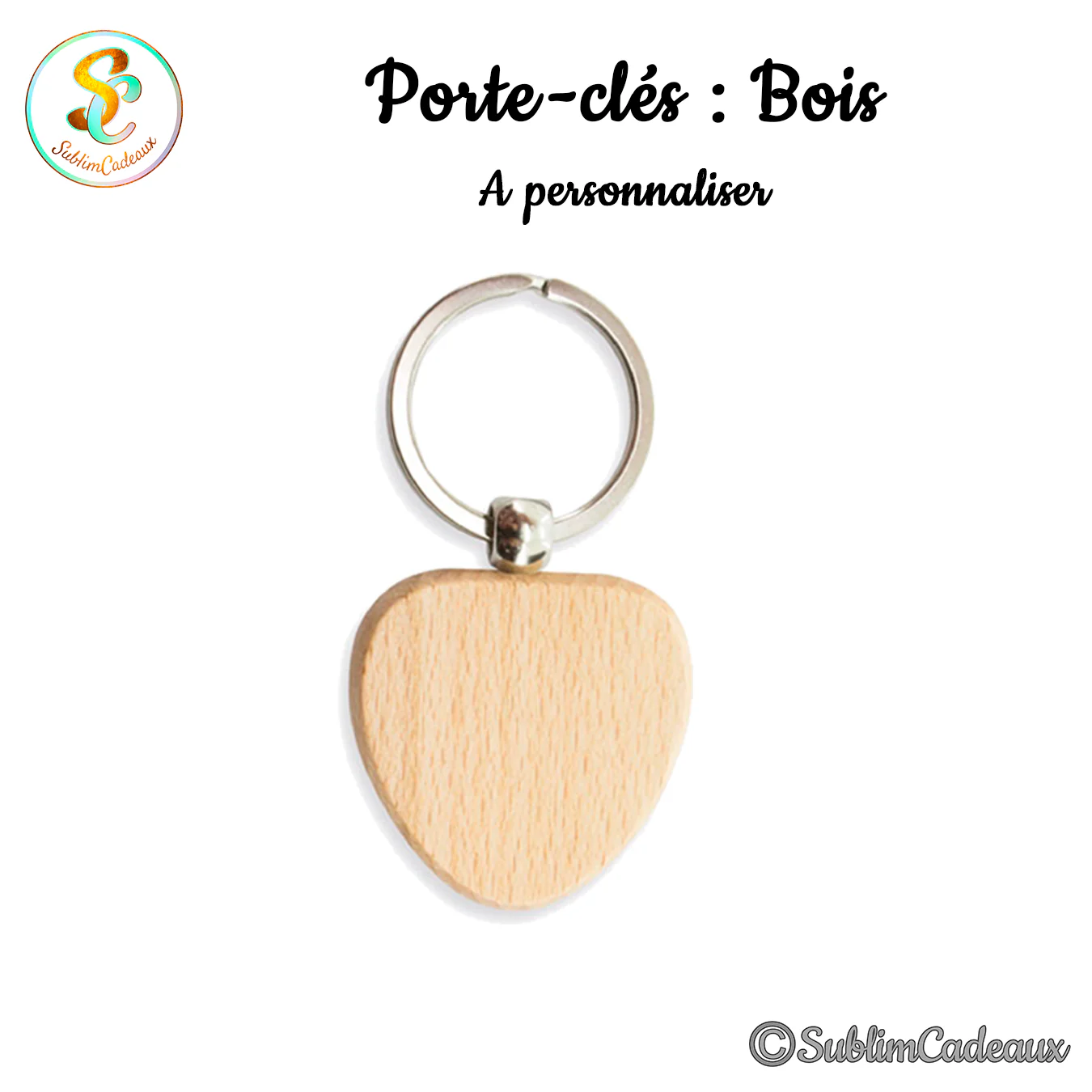 Porte-clés en bois clair en forme de cœur arrondi, uni, monté sur anneau métallique argenté