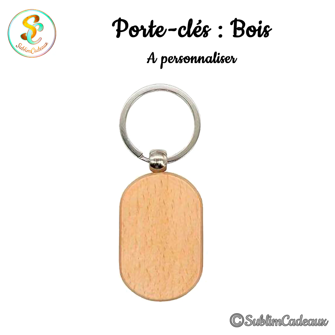 Porte-clés ovale en bois clair, forme allongée arrondie, avec anneau métallique argenté