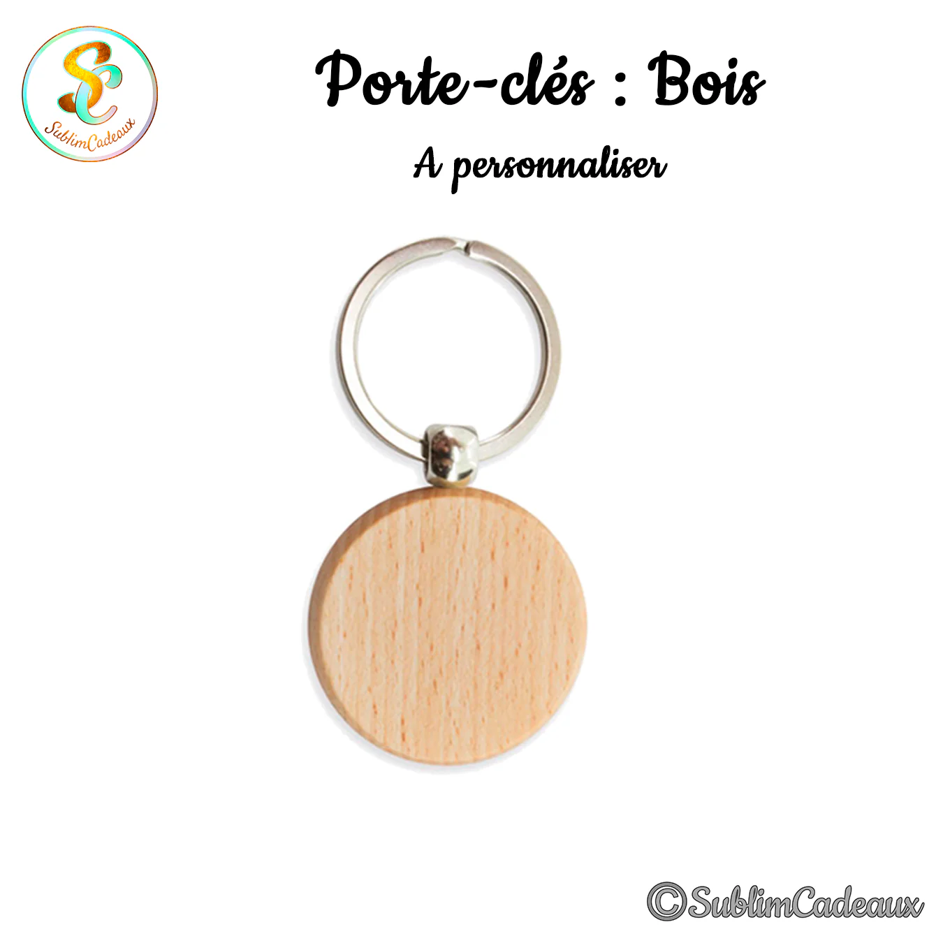 Petit porte-clés rond en bois clair au grain visible, monté sur anneau métallique fendu