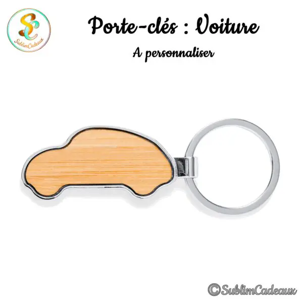 Porte-clés en forme de voiture, contour en métal chromé et intérieur en bois clair