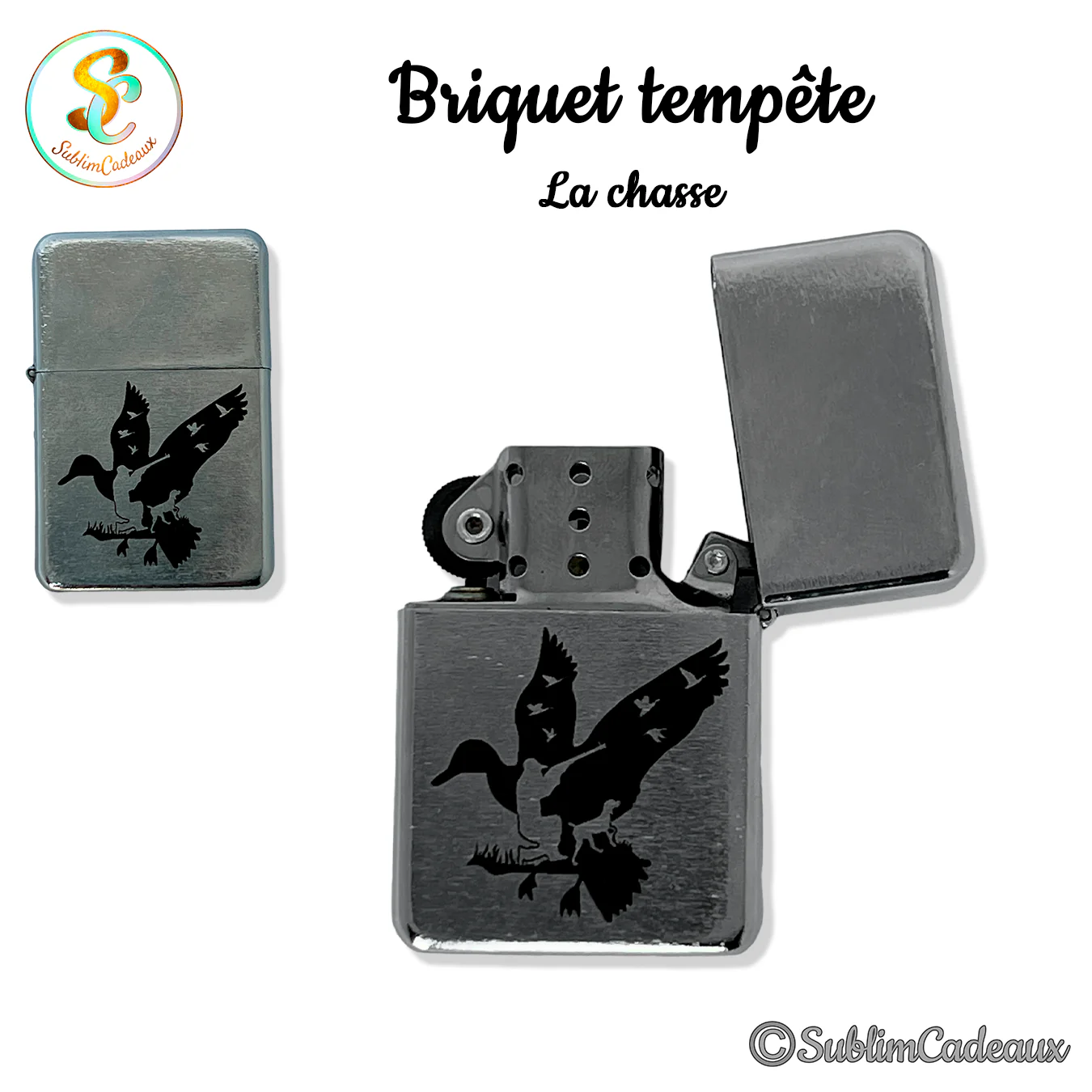 Briquet tempête chromé à clapet, gravé de deux canards en vol sur le thème de la chasse