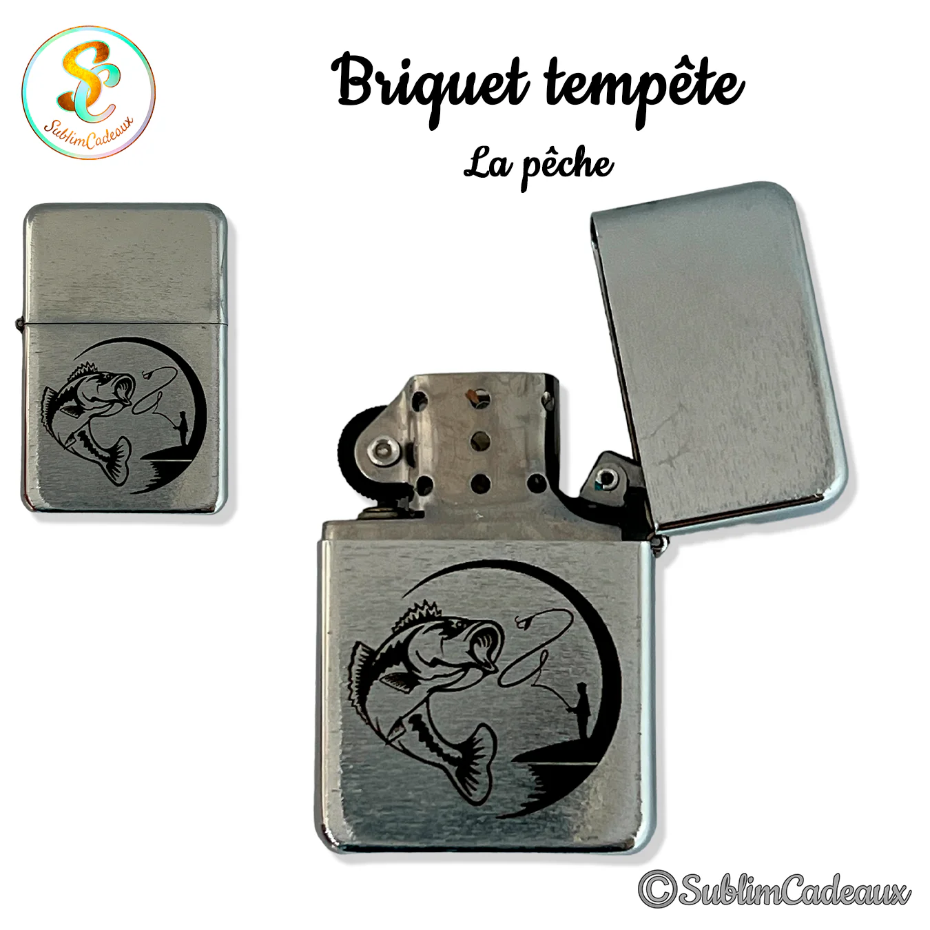 Briquet tempête chromé à clapet, gravé d'un poisson bondissant et d'une canne, thème pêche