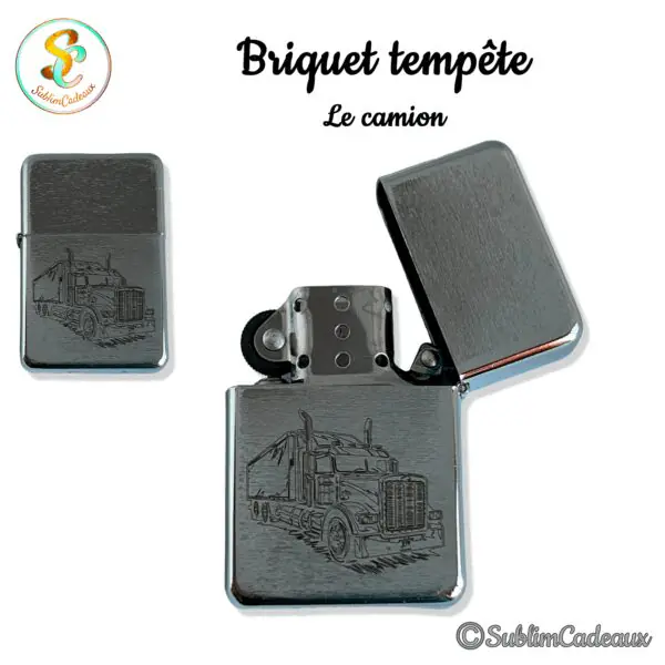 Briquet tempête chromé à clapet, gravé d'un camion américain semi-remorque, motif en noir