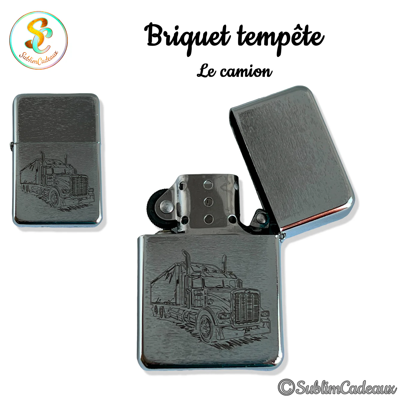 Briquet tempête chromé à clapet, gravé d'un camion américain semi-remorque, motif en noir