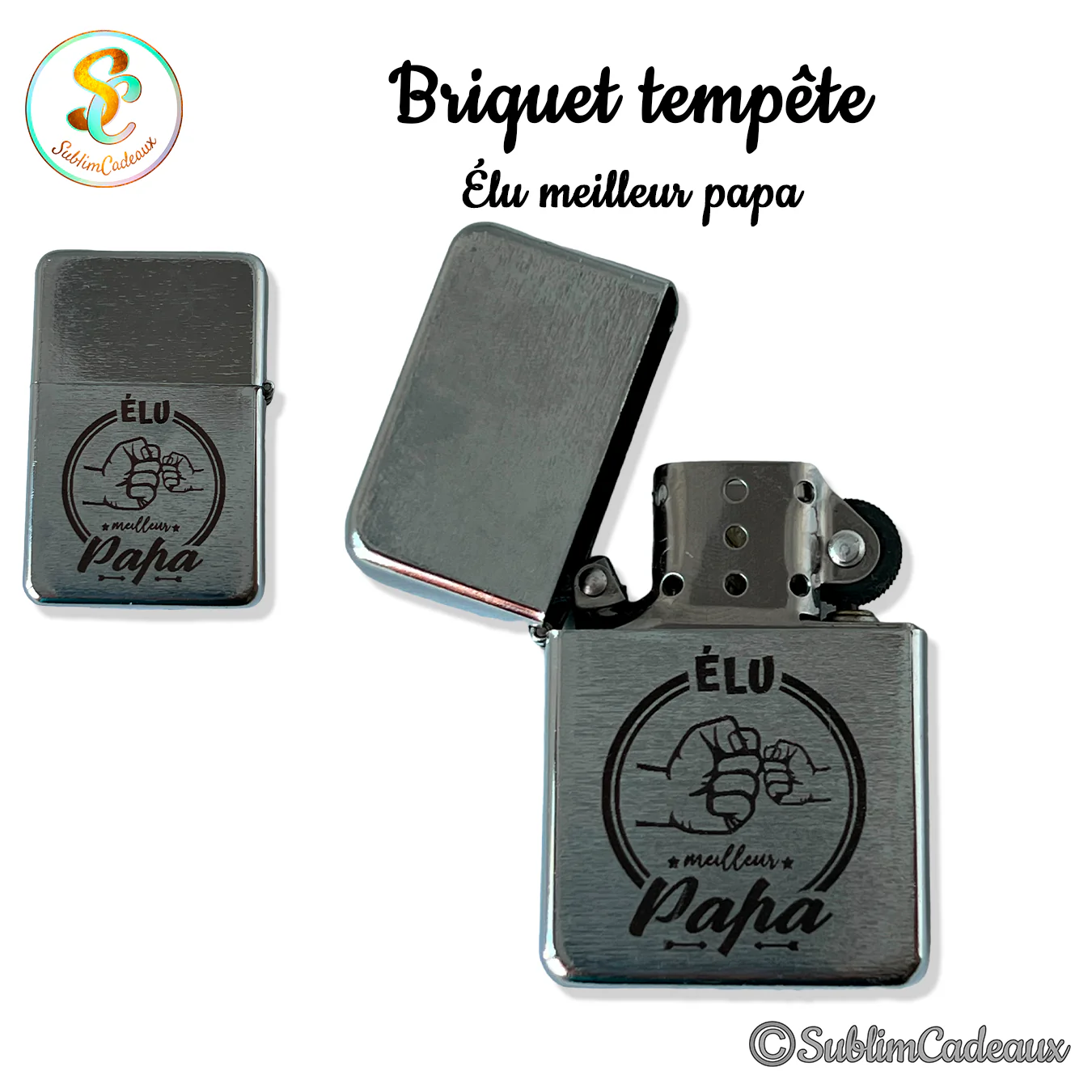 Briquet tempête chromé à clapet, gravé de deux poings qui se cognent et du texte Élu meilleur Papa