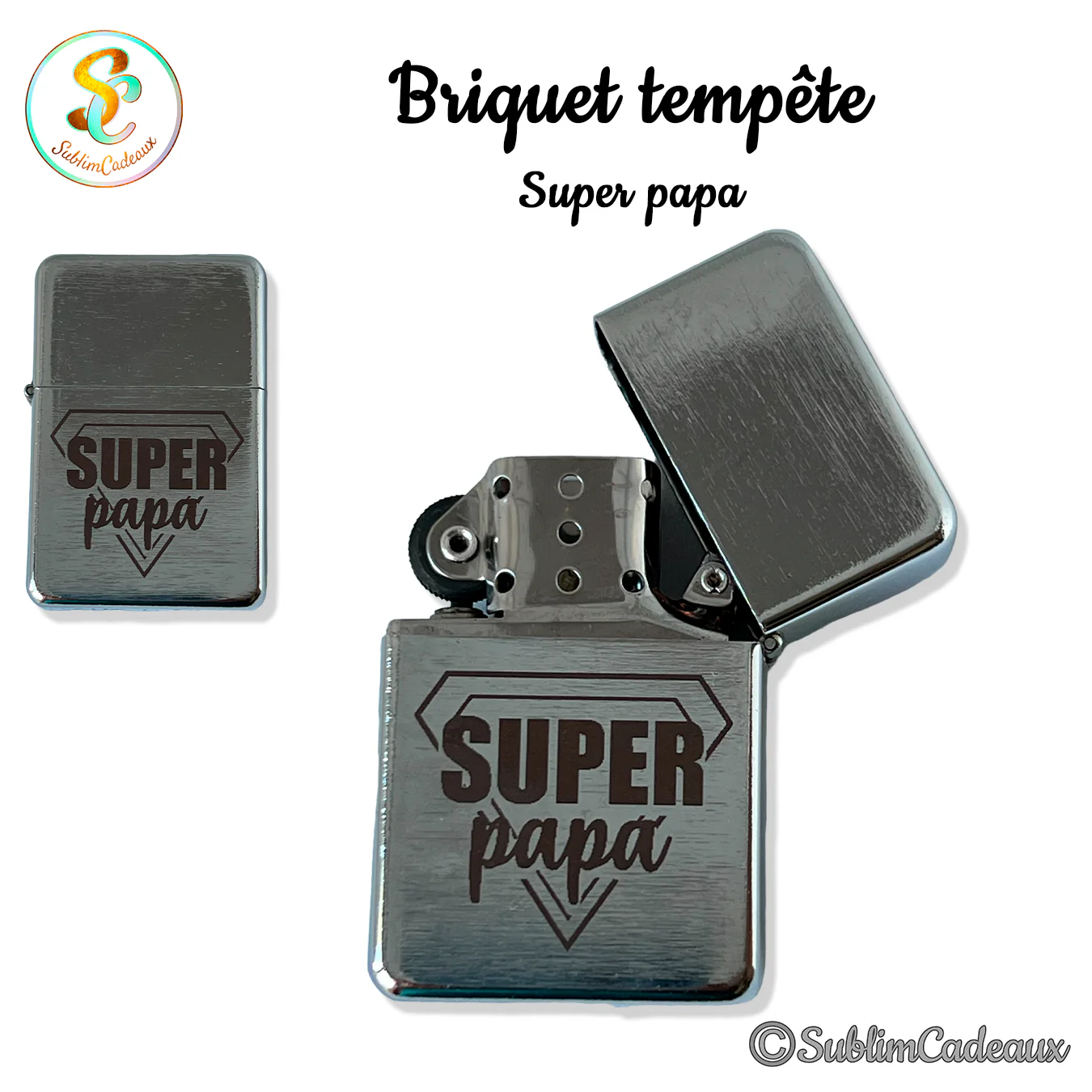 Briquet tempête chromé à clapet, gravé du texte Super papa dans un écusson façon super-héros