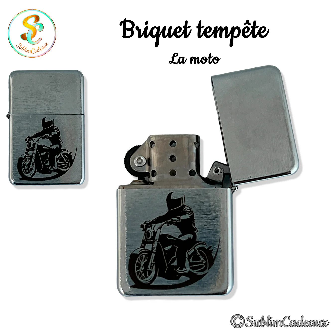 Briquet tempête chromé à clapet, gravé d'un motard casqué sur sa moto, motif en noir