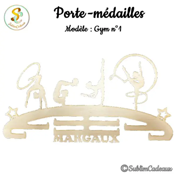 Porte-médailles en bois découpé, gymnastes avec cerceaux et rubans, étoiles et prénom à personnaliser, rails pour médailles