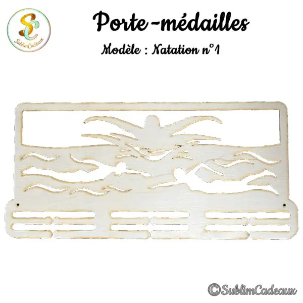 Porte-médailles en bois découpé, nageurs en crawl et papillon, avec rails pour accrocher les médailles
