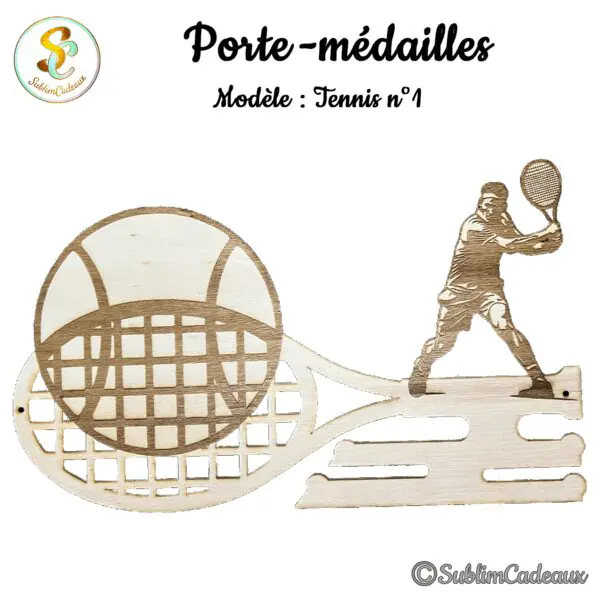 Porte-médailles en bois découpé, joueur de tennis, raquette et balle, avec rails pour accrocher les médailles