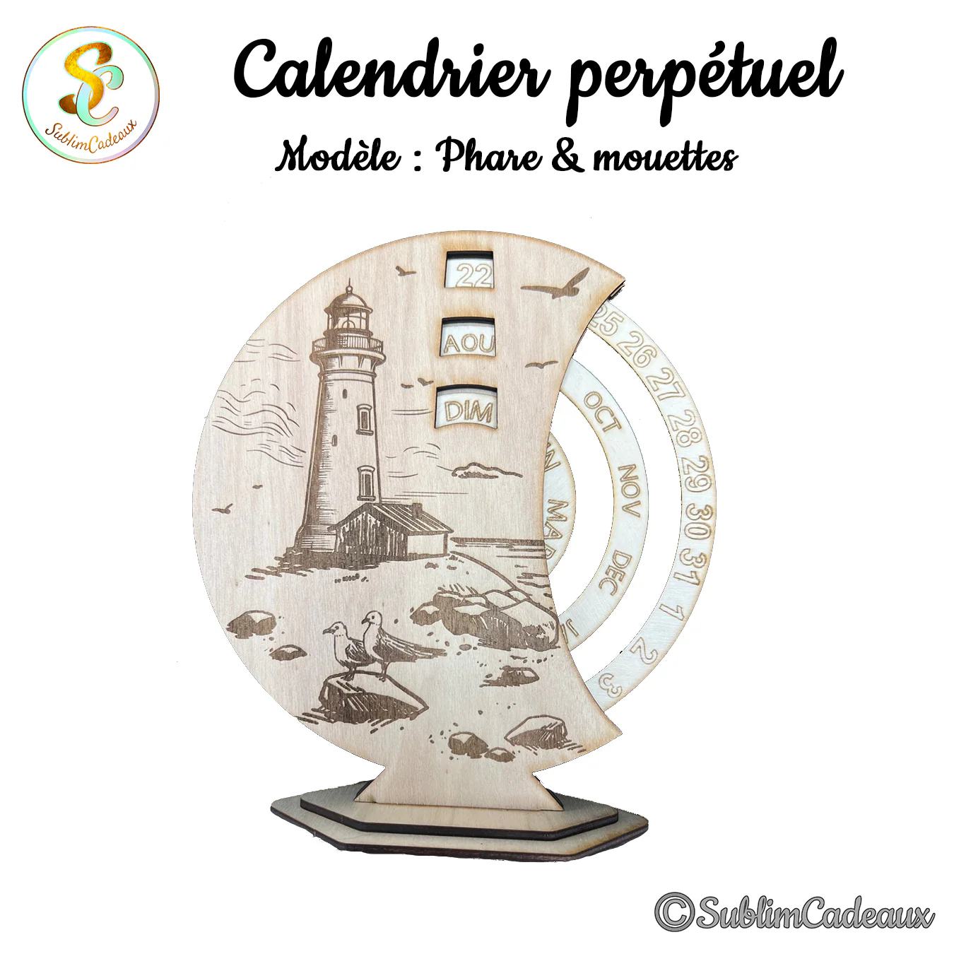 Calendrier perpétuel en bois gravé d'un phare, d'une maisonnette et de mouettes sur les rochers, disques de date