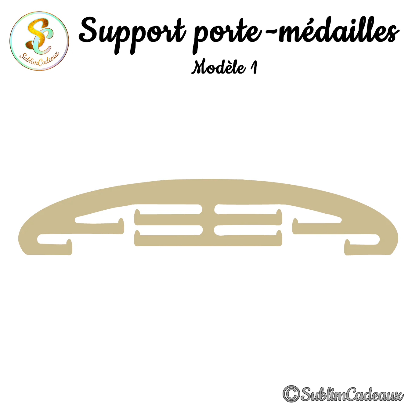 Support mural porte-médailles en bois clair, forme arquée ajourée à crochets, à personnaliser