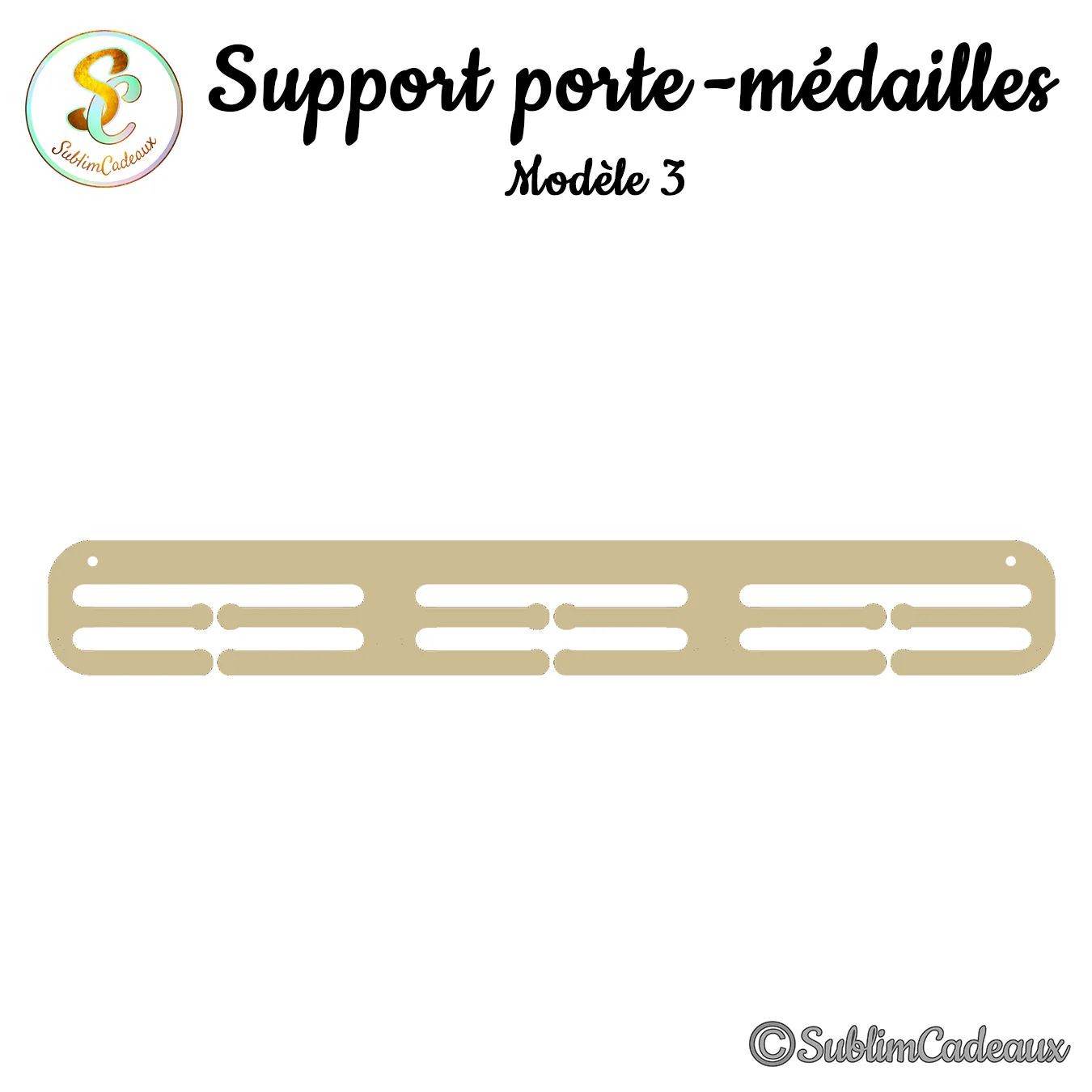 Porte-médailles mural en bois clair, barre rectangulaire ajourée à crochets, à personnaliser