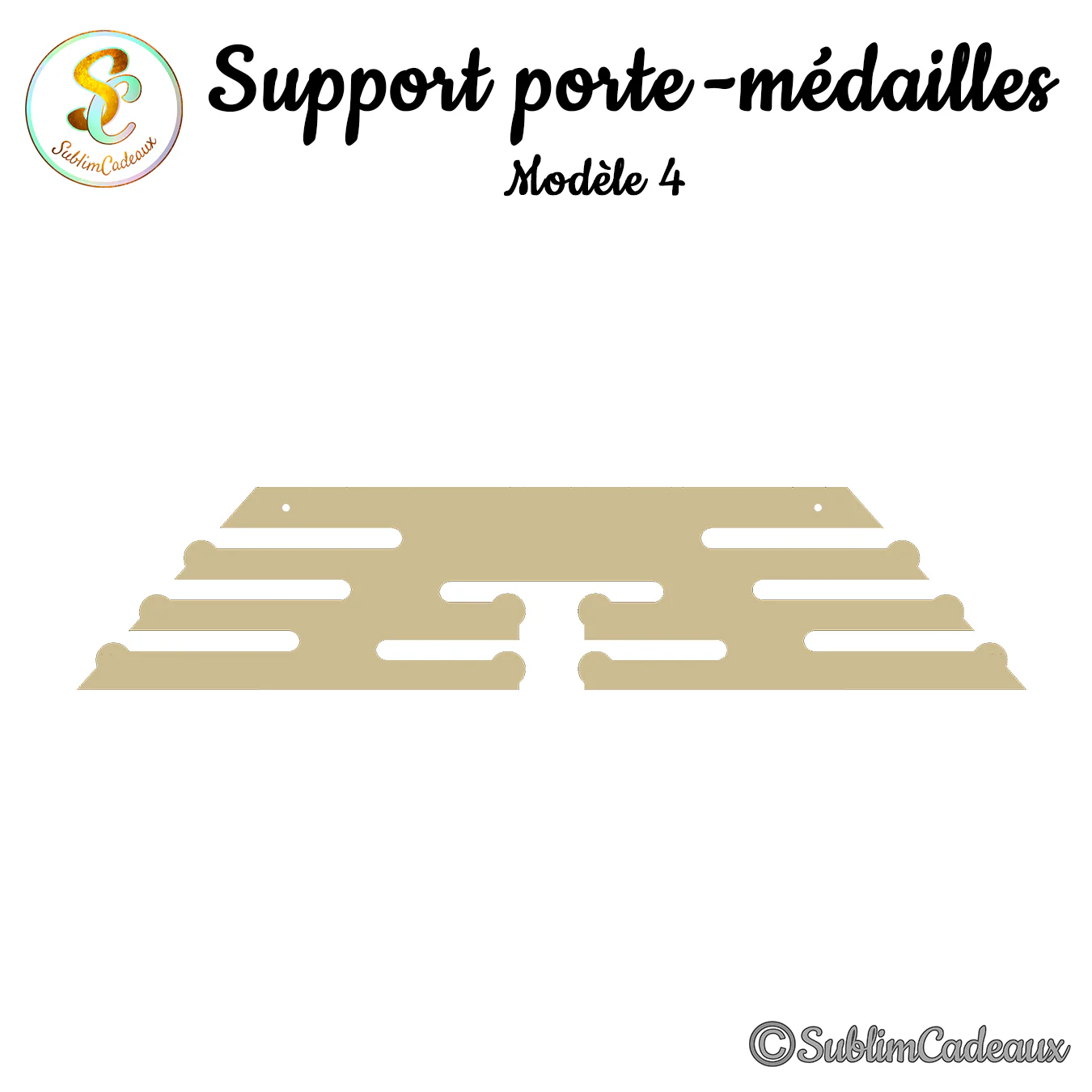 Support porte-médailles en bois clair à crochets disposés en gradins, à personnaliser