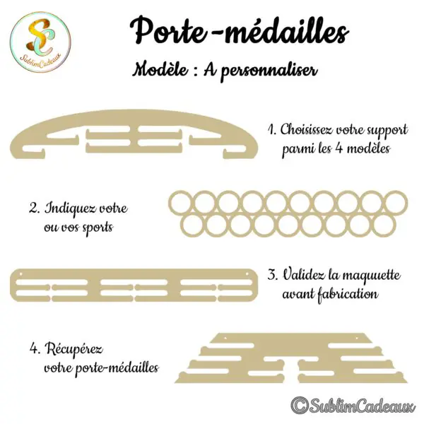 Supports en bois brut pour porte-médailles à personnaliser, avec rails et anneaux pour accrocher les médailles