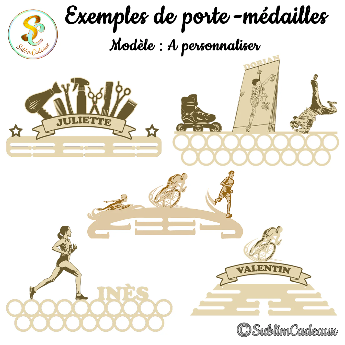 Plusieurs porte-médailles en bois ornés de motifs sportifs (course, vélo, roller, escalade) avec prénom à personnaliser