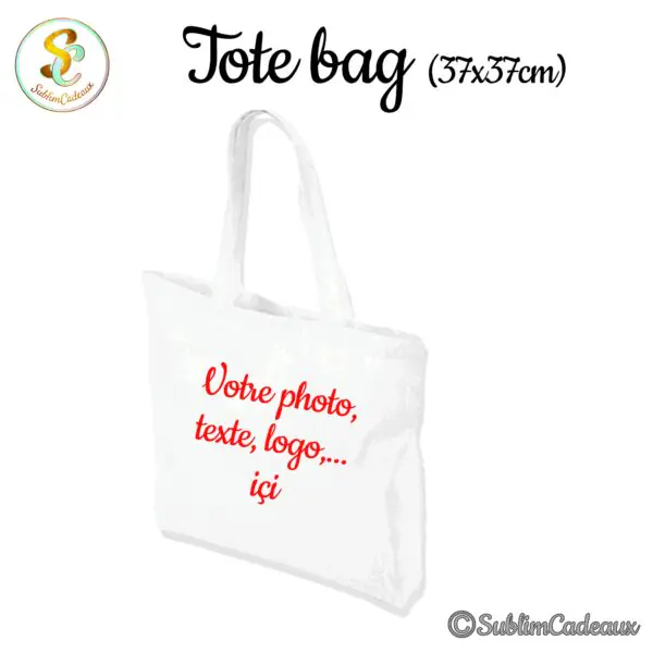 Tote bag en toile blanche à longues anses, avec une zone d'impression signalée en lettres rouges au centre