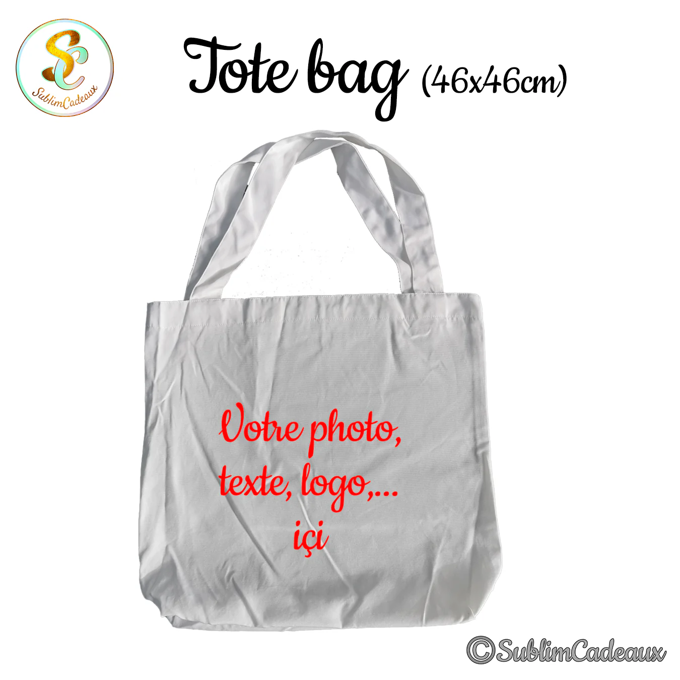 Grand tote bag en toile blanche à deux longues anses, format 46x46 cm, uni et sans motif