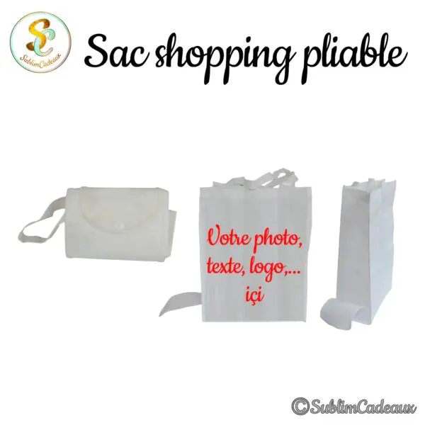 Sac de courses pliable en tissu non-tissé blanc, présenté plié avec bouton-pression et déplié, uni