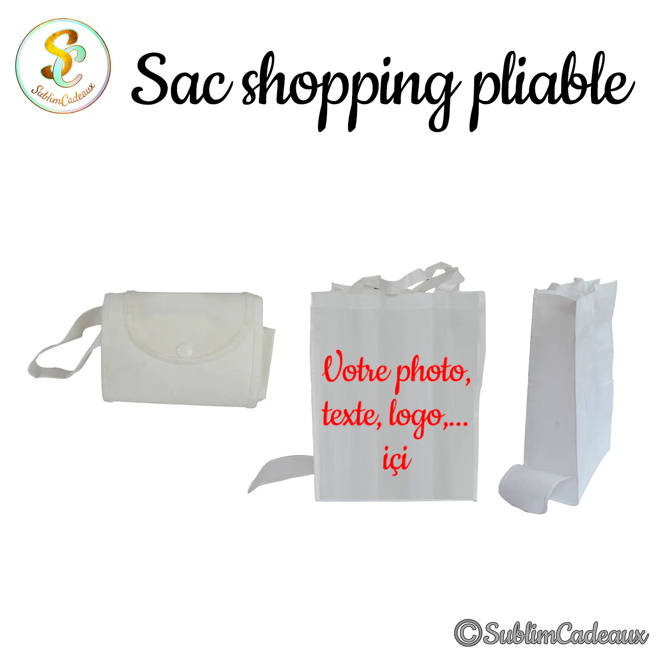 Sac de courses pliable en tissu non-tissé blanc, présenté plié avec bouton-pression et déplié, uni