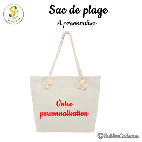 Sac de plage en toile beige à anses cordage et pampilles, zone d'impression à personnaliser