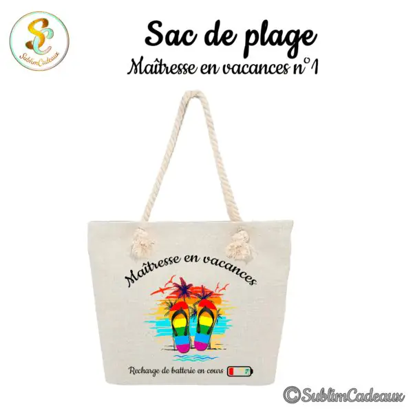 Sac de plage en toile beige à anses cordage, imprimé tongs arc-en-ciel et palmiers au coucher de soleil