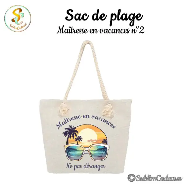 Sac de plage en toile beige à anses cordage, imprimé coucher de soleil sur palmiers et lunettes de soleil