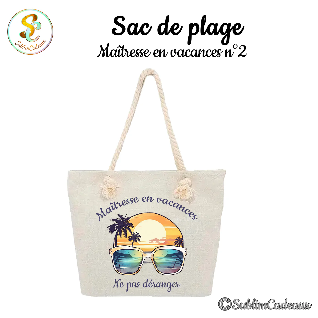 Sac de plage en toile beige à anses cordage, imprimé coucher de soleil sur palmiers et lunettes de soleil