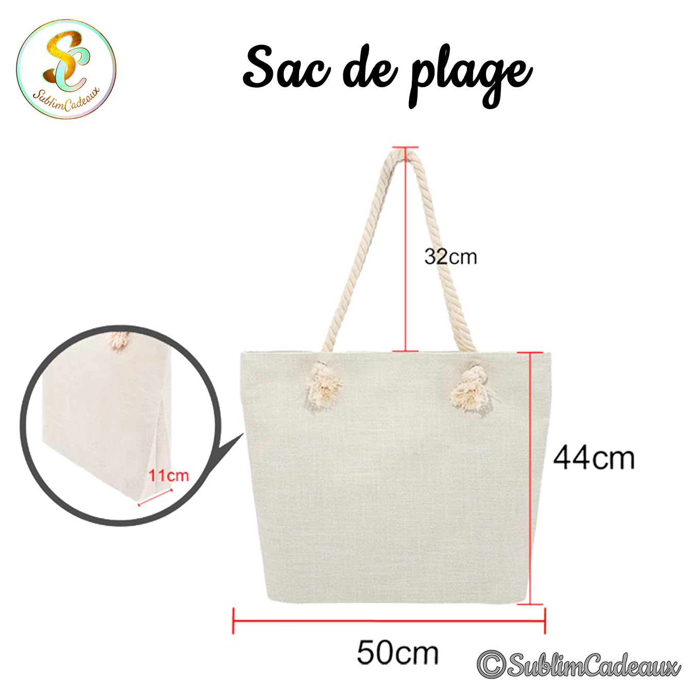 Cabas de plage spacieux en toile beige à anses en corde torsadée, avec détail du fond à soufflet