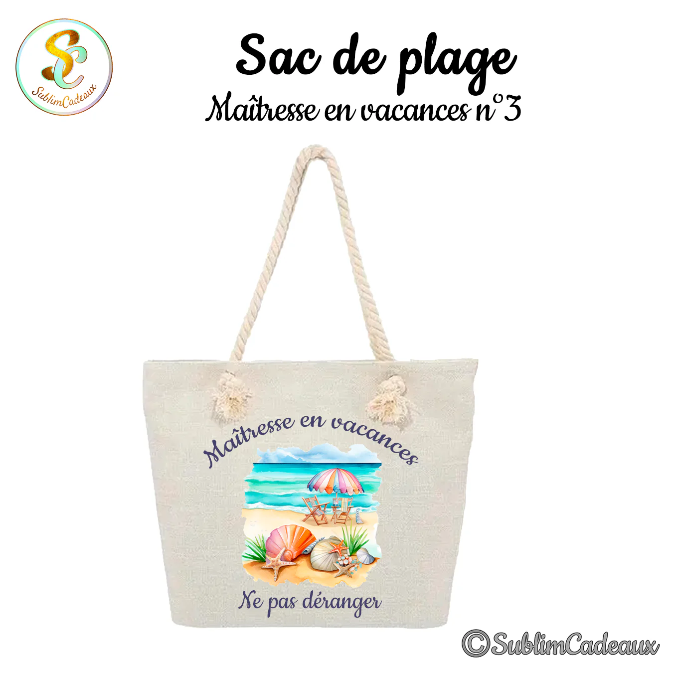 Sac de plage en toile beige à anses cordage, imprimé bord de mer avec parasol, coquillages et texte Maîtresse en vacances