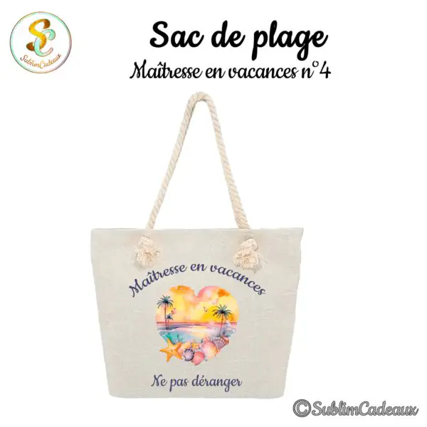Sac de plage en toile beige à anses en corde, imprimé d'un cœur plage au coucher de soleil, texte Maîtresse en vacances