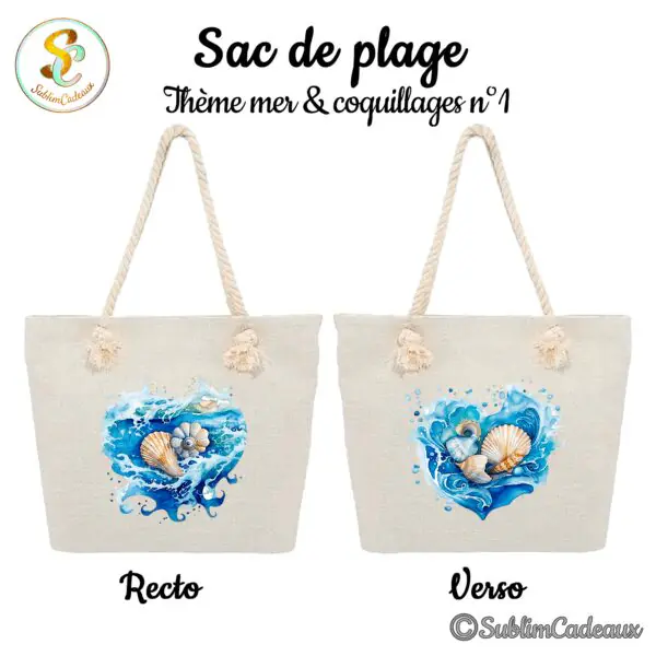 Sac de plage en toile beige à anses en corde, imprimé de coquillages dans une vague d'eau bleue